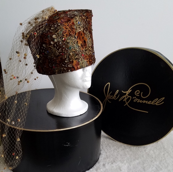 Jack McConnell Autumnal Feather Hat w/ Studded Veil – Vintage Elegance 🍂🎩
